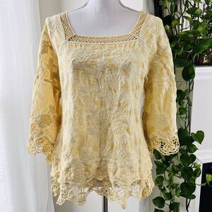 Democracy Yellow Lacy Boho Earthy Gypsy Crochet Trim Cotton Blouse - Small